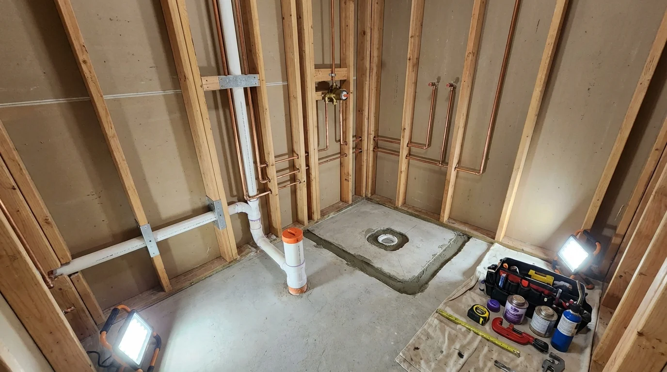 Bathroom rough-in plumbing during remodel by Johns Plumbing LLC in Fairview