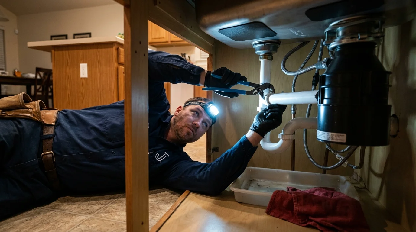 P-trap and supply line connections under a kitchen sink showing a common leak point in Fairview, PA